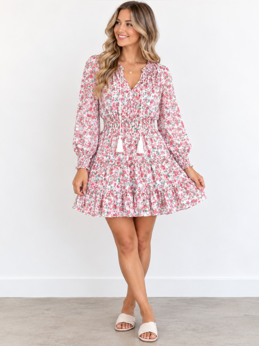 Fanco Women’s Floral Tiered Mini Dress Tassel Tie Neck Boho Size Large